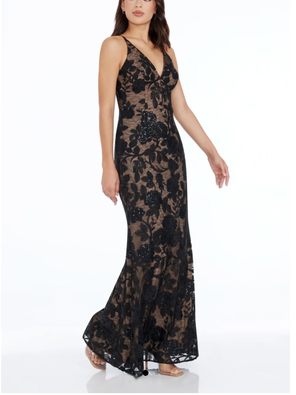 Dress the Population Sharon Gown v Neck, Mermaid black lace gold sequins NWT - Picture 5 of 10